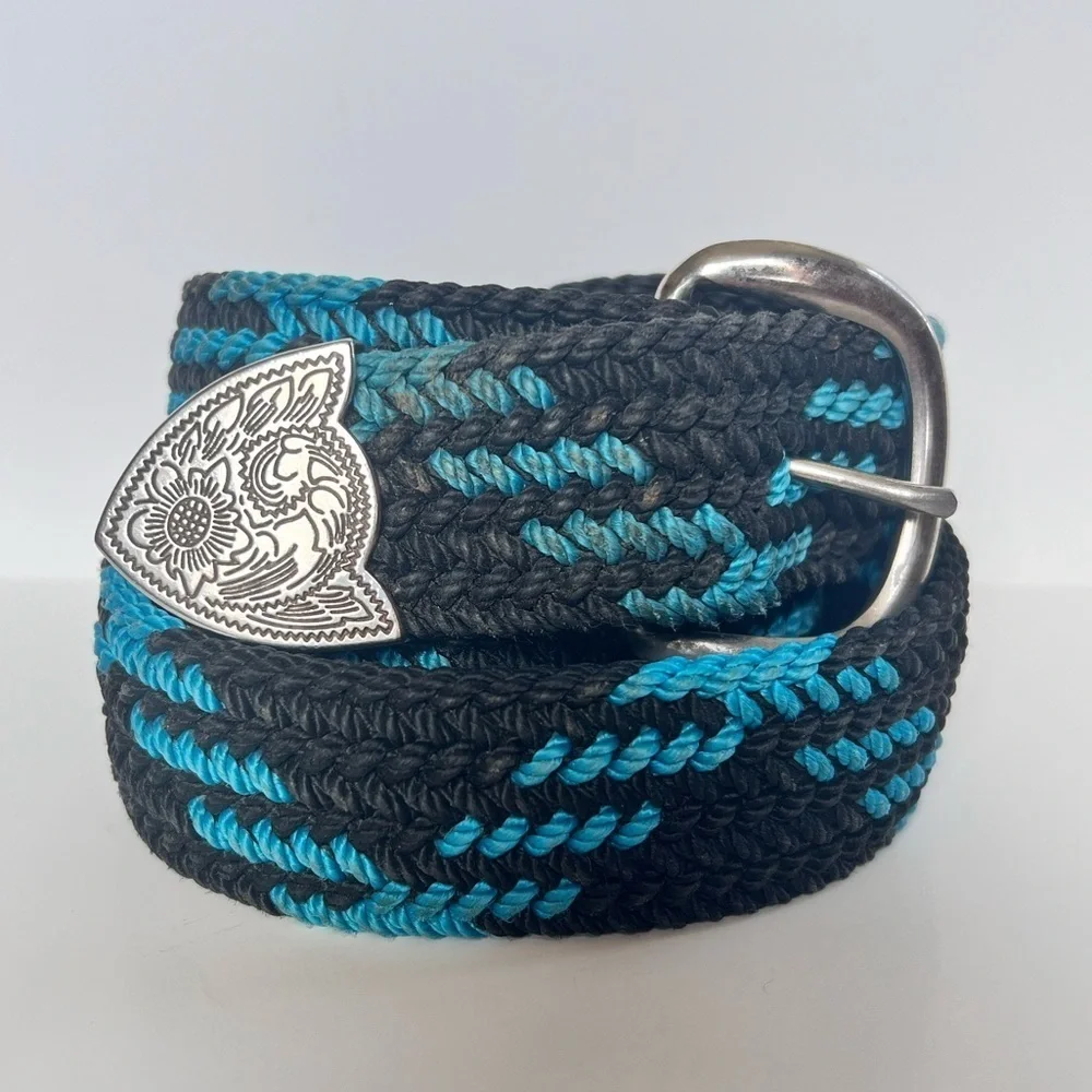 Vintage 90s Western Braided Belt Black Turquoise Silver Tip Cowboy Unisex Retro